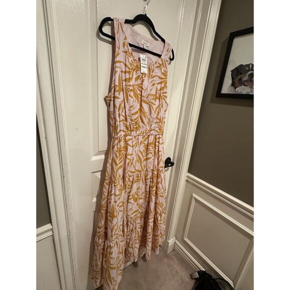 On-34th XXL Pink and Yellow Leaf Print Summer Midi Dress, Open Back, NWT - Picture 10 of 16
